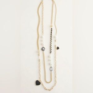 Chico’s s goldtone, double-layer long necklace (faux pearls, heart charm, etc)
